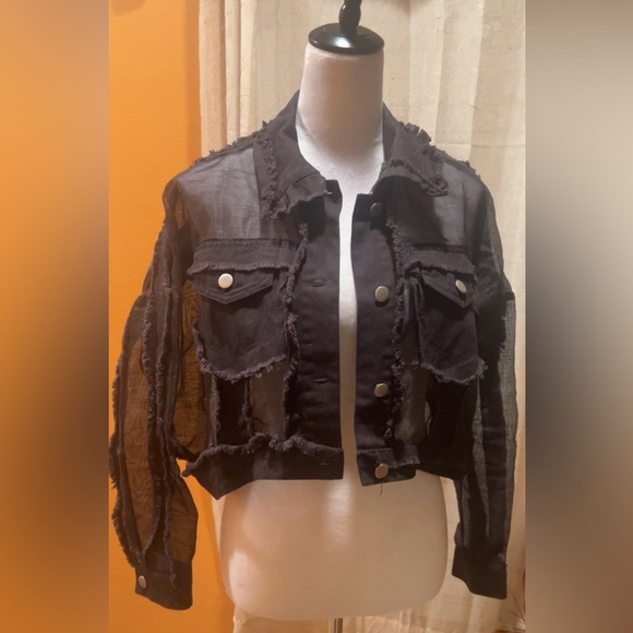 Women’s Black Sheer Distressed Transparent Jacket Top Cover-Up XS - Picture 1 of 8